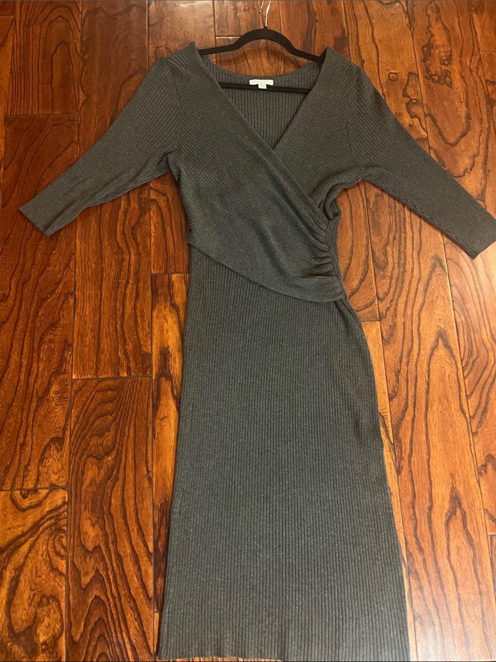 New York & Company Charcoal Ribbed Wrap-Front Midi Dress